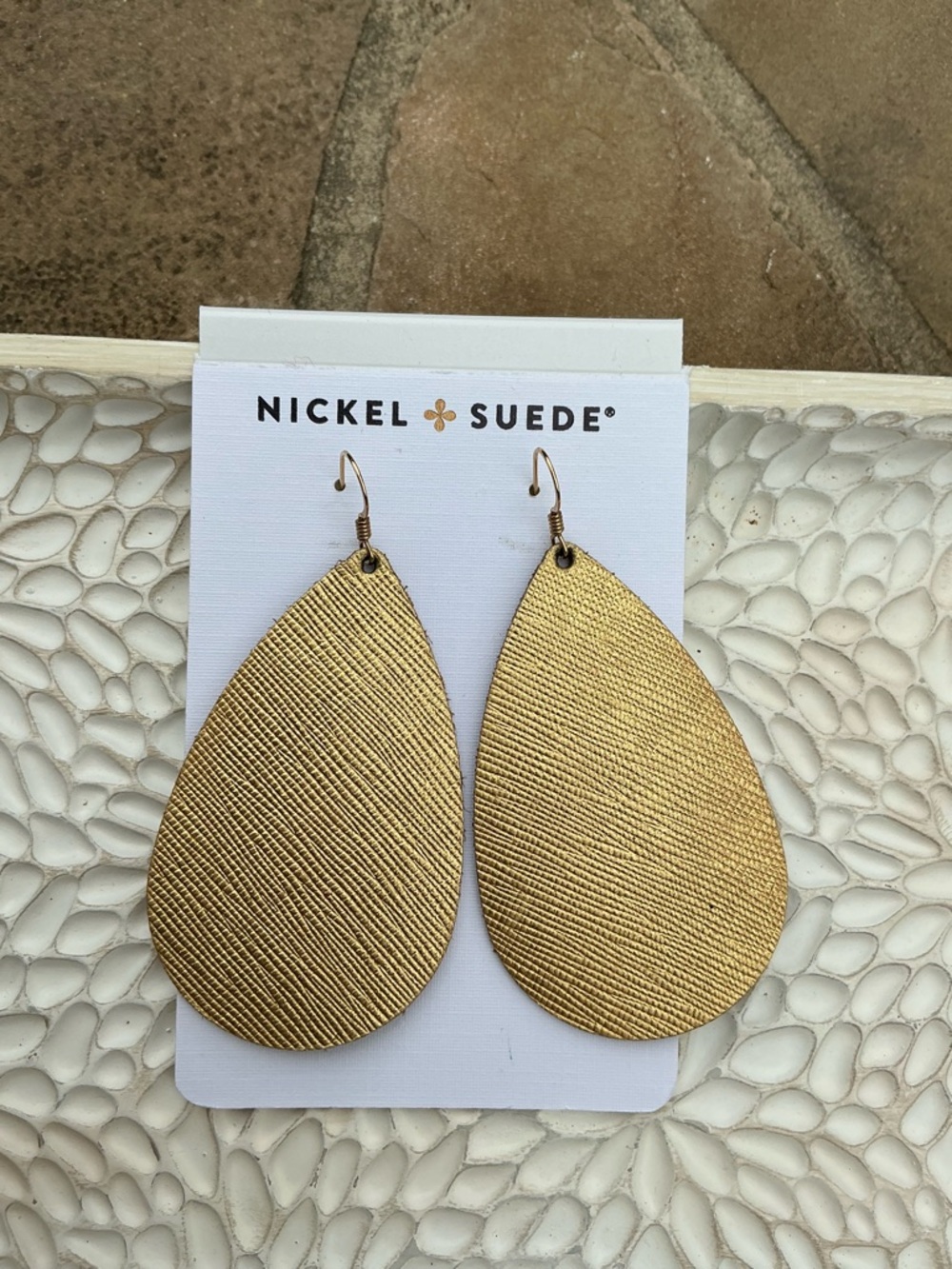 Nickel & Suede Gold Medium Teardrop Earrings